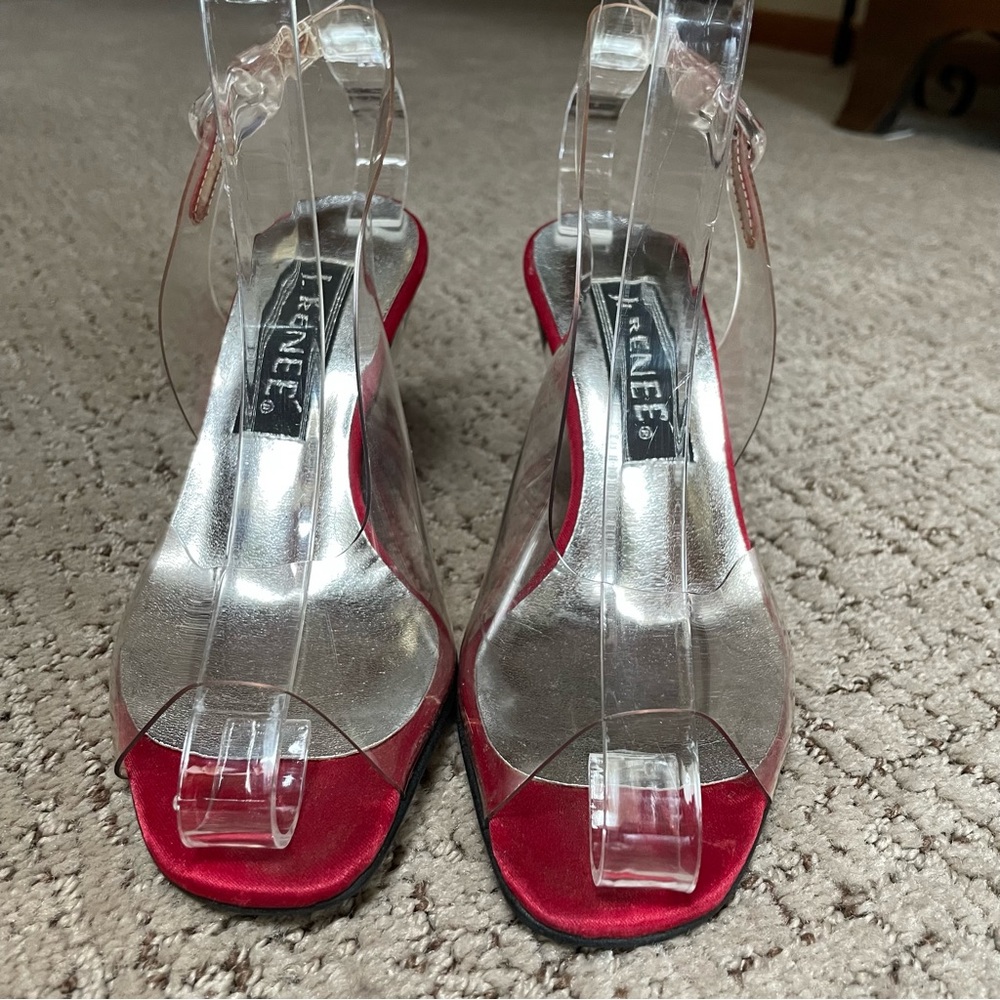 Vintage J. Renee Lucite and Red Satin and Roses Peep Toe Shoes~~Size 5 1/2 - Picture 2 of 8